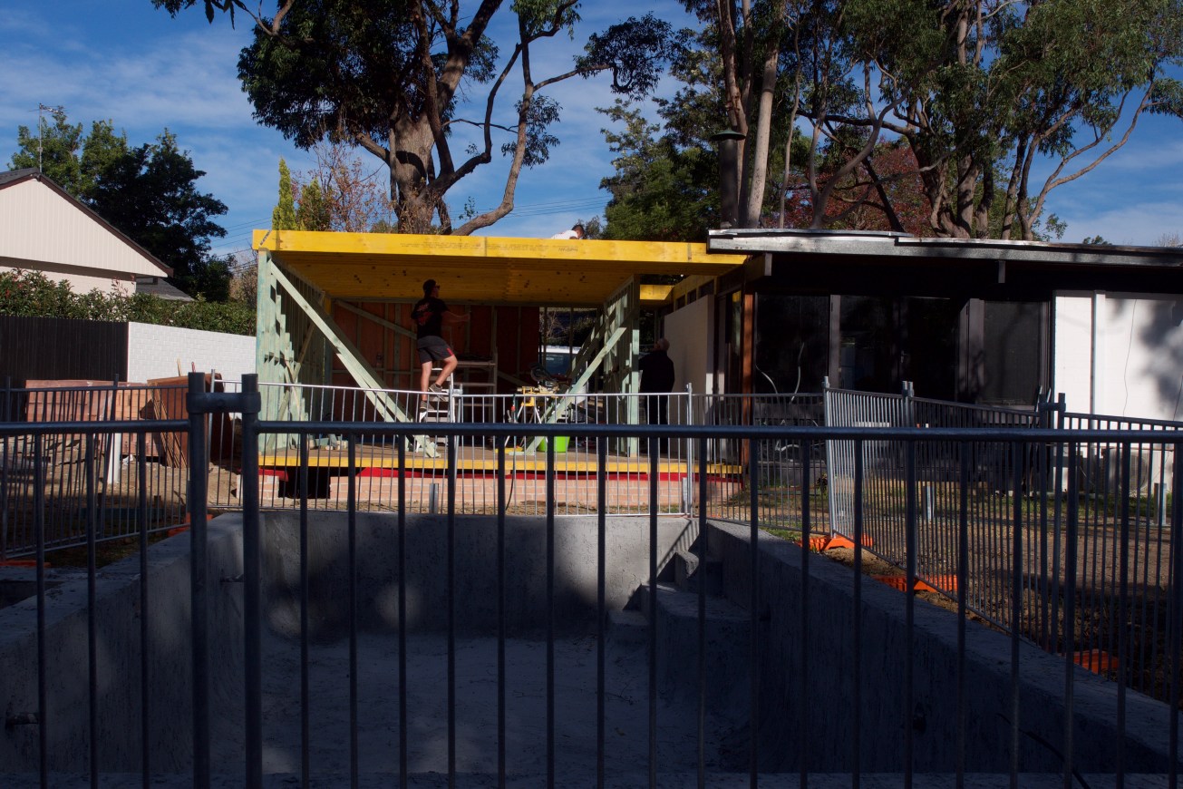 June 2016: Framework for extended living room view from the backyard/pool